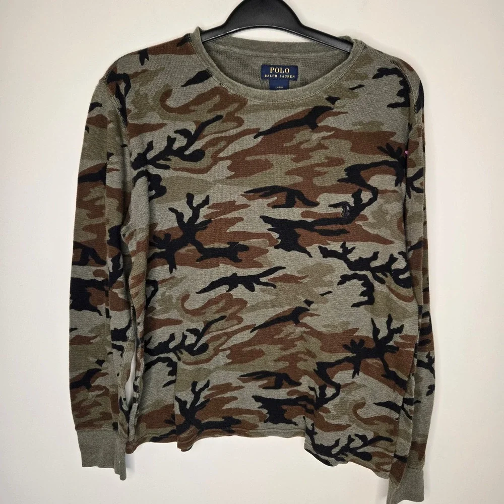 Polo Ralph Lauren Mens Camo Waffle Knit Thermal Long Sleeve Shirt Green Brown L